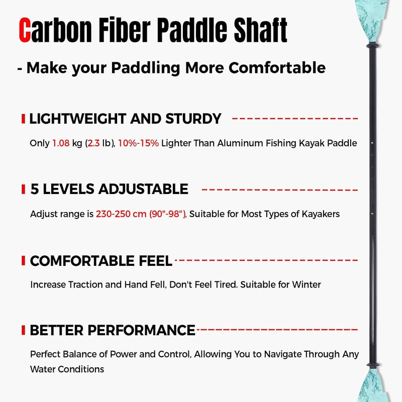WONITAGO Angler Kayak Paddles Carbon Fiber Shaft and Plastic Blade, Floating Adjustable Fihsing Kayak Oars with Paddle Leash, 230-250cm/90-98 inch - Image 3